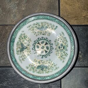 C. 1970s Pewter Encased Porcelain‎ Bowl Mint Green & Gold Decorated in Hong Kong